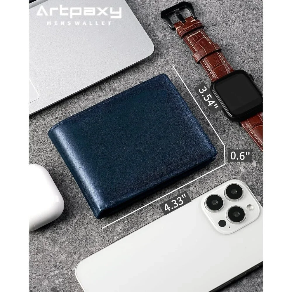 Men's Classic Bifold Wallet Card Navy Blue Style Genuine Leather 2 Cash Pockets